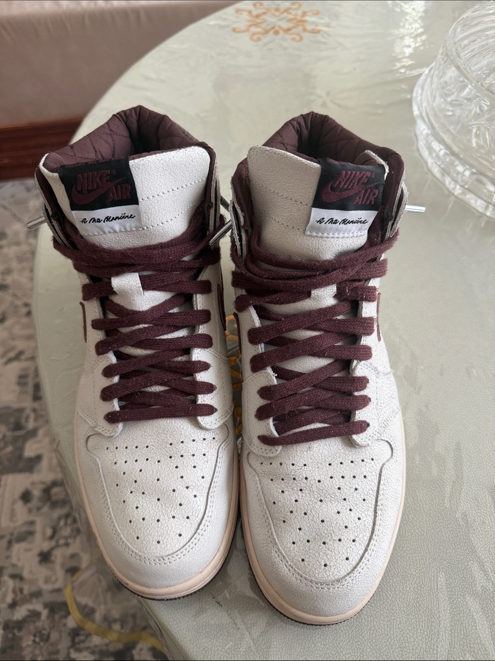 High-Top Sneakers in Cream with Burgundy Laces